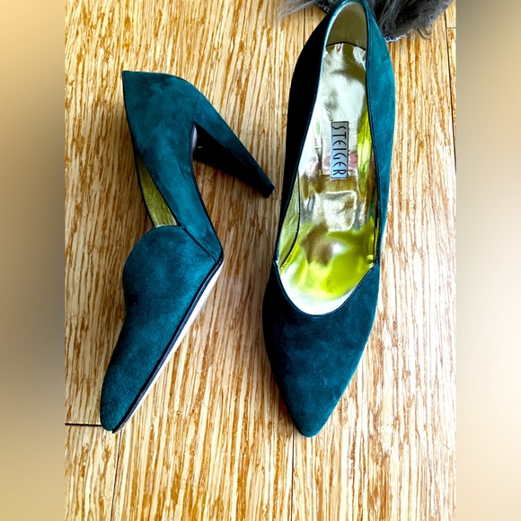Dark green suede Walter Steiger curved high heels - Picture 1 of 9